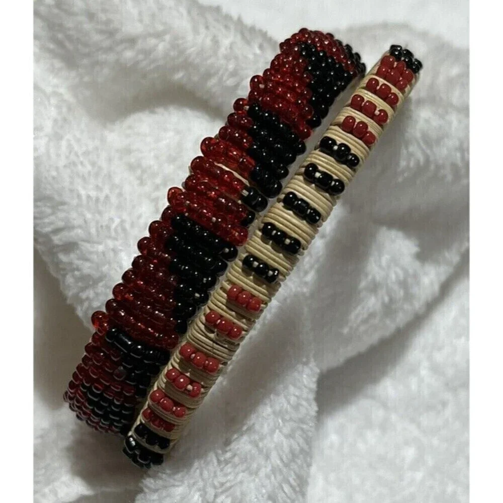 Red & Black Set Of 2 Woven Seed Bead Rattan Bracelet Non Stretch Boho Aztec